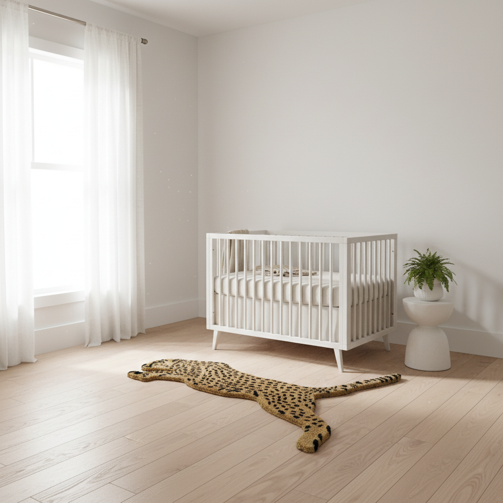 A white wooden crib in a bright, minimalist nursery with light wood floors, white curtains, and a leopard-print rug on the floor.