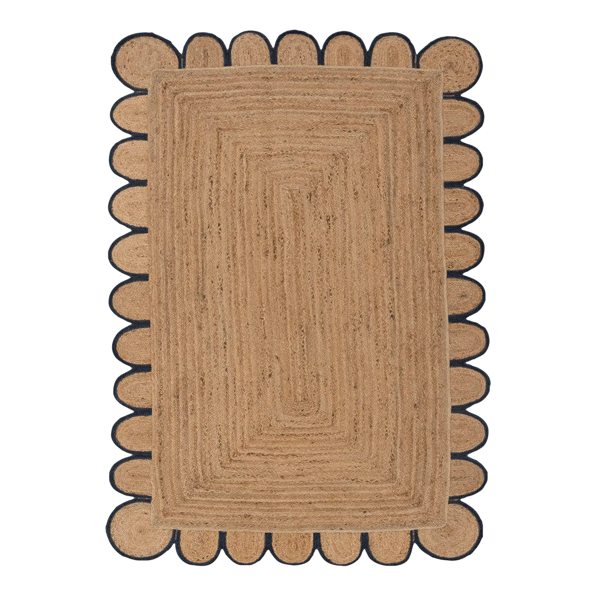 Handmade Black Trim Scalloped Jute Rug