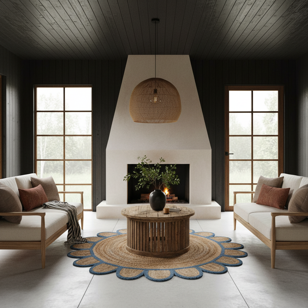 A modern living room with two light wood armchairs, a round wooden coffee table, and a large circular woven rug in front of a white fireplace and dark wood-paneled walls.