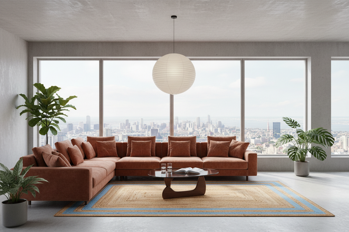 A modern living room featuring a large L-shaped terracotta brown sectional sofa with matching throw pillows, set against a large window with a city skyline view. The room is styled with a beige and blue patterned area rug, a low wooden coffee table, a white spherical pendant light, and several potted green plants.