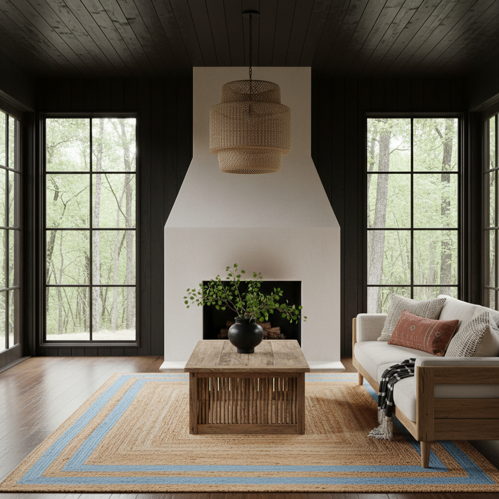 A styled living room interior with a white fireplace wall, dark wood ceiling and trim, large black-framed windows looking out to trees, a woven pendant light, a wooden coffee table, a light sofa with pillows, and a patterned area rug.