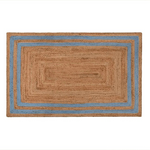 A rectangular woven rug with concentric rectangular bands, featuring a natural tan jute center, a medium brown border, and light blue stripes on the outer edges, shown against a plain white background.