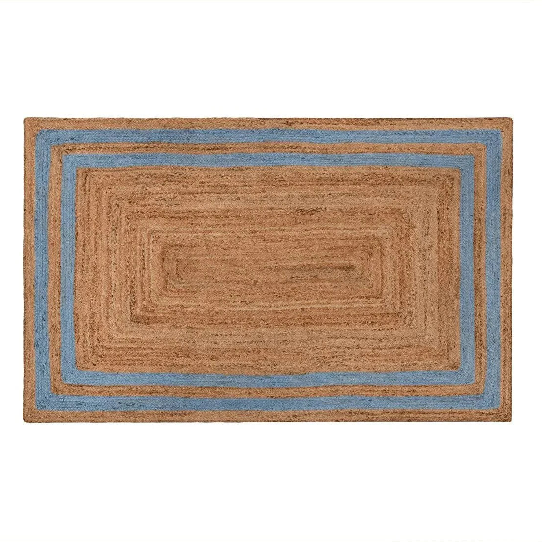 A rectangular woven rug with concentric rectangular bands, featuring a natural tan jute center, a medium brown border, and light blue stripes on the outer edges, shown against a plain white background.
