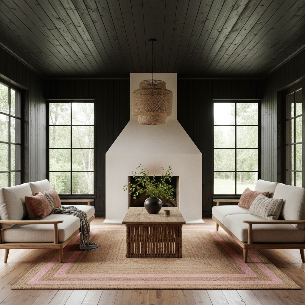 A styled living room interior with two cream upholstered armchairs facing a low rattan coffee table, set on a large woven area rug with pink border stripes. The room features a white chimney-style fireplace, dark wood-paneled walls and ceiling, large black-framed windows, and a green plant in a dark vase.