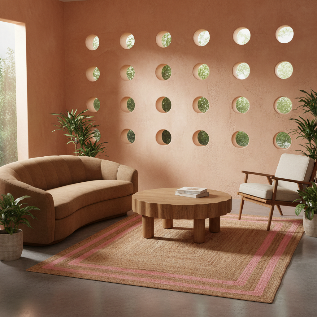 A styled living room scene with a curved tan sofa, a round wooden coffee table, a pink-and-tan patterned rug, a mid-century armchair, and potted plants against a terracotta wall with circular cutouts.