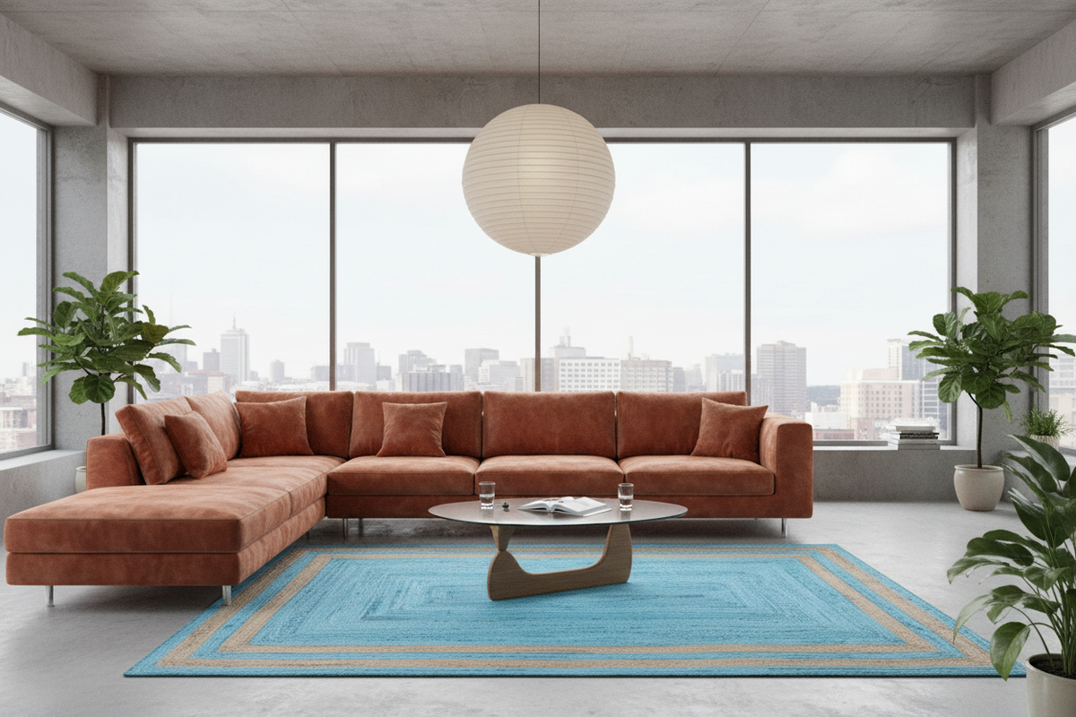 A modern living room featuring a large rust-brown sectional sofa, a bright blue patterned area rug, a round glass-top coffee table, and a large white paper lantern pendant light, set against a concrete-walled window backdrop with a city skyline.