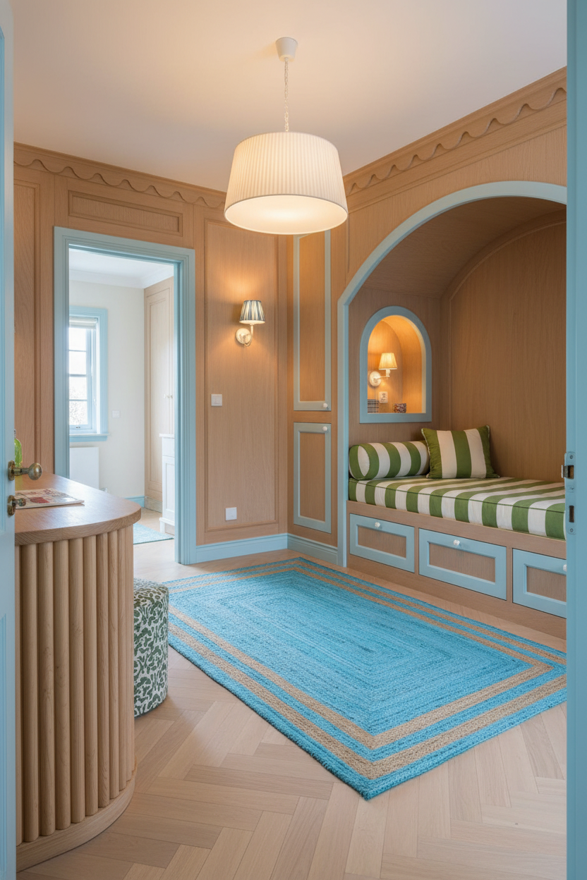 A beautifully styled interior room with warm wood paneling, a built-in daybed with green and white striped cushions, a bright blue rug, and a ribbed white pendant light hanging from the ceiling.