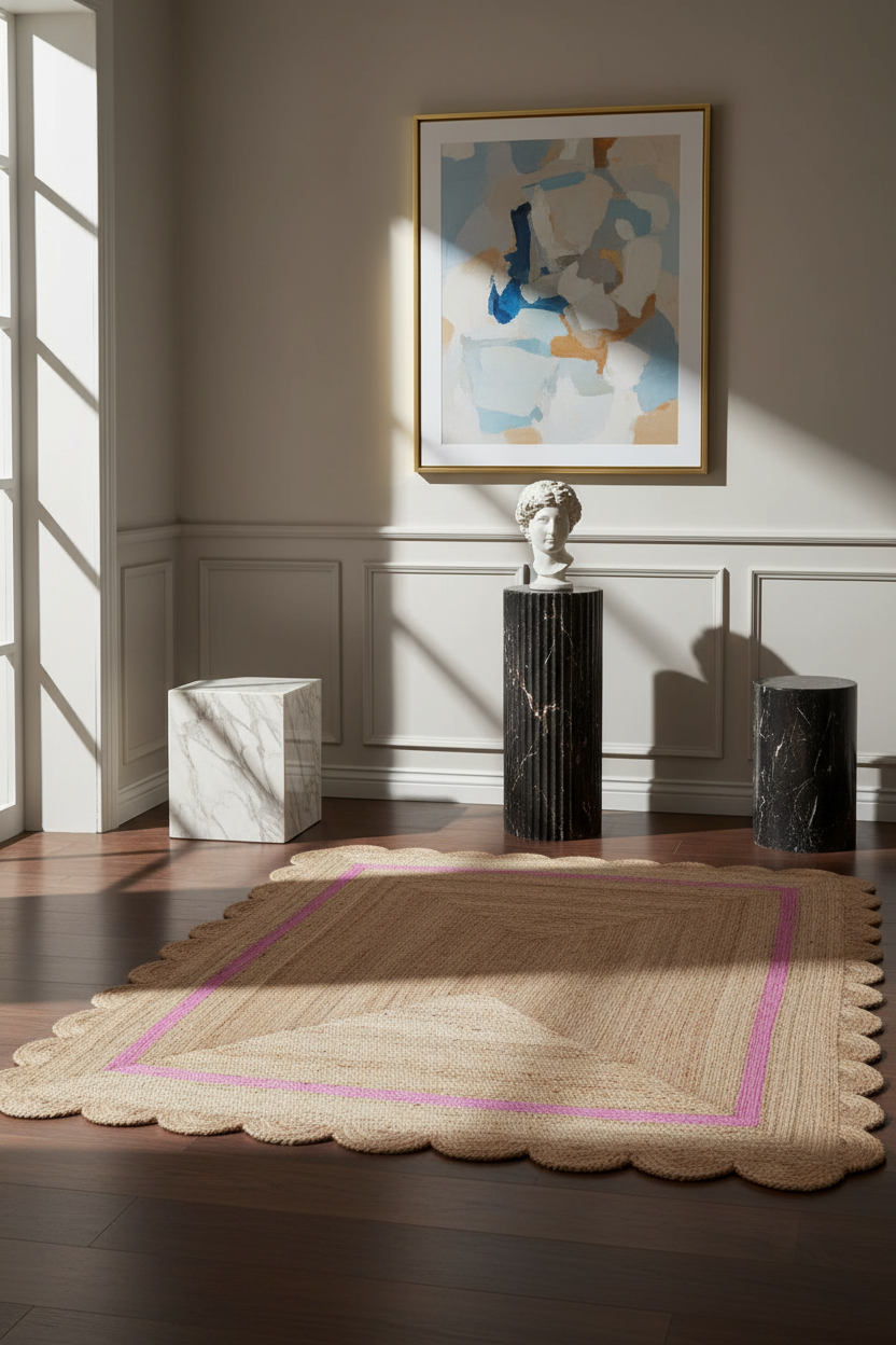 Handmade Large Pink Scalloped Border Jute Rug