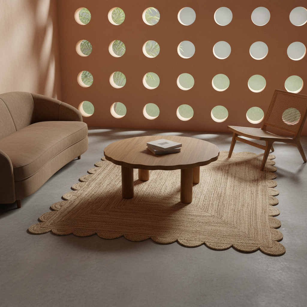 A styled living room scene featuring a round wooden coffee table on a large scalloped jute rug, next to a curved beige sofa and a wooden lounge chair, set against a terracotta wall with circular cutouts.
