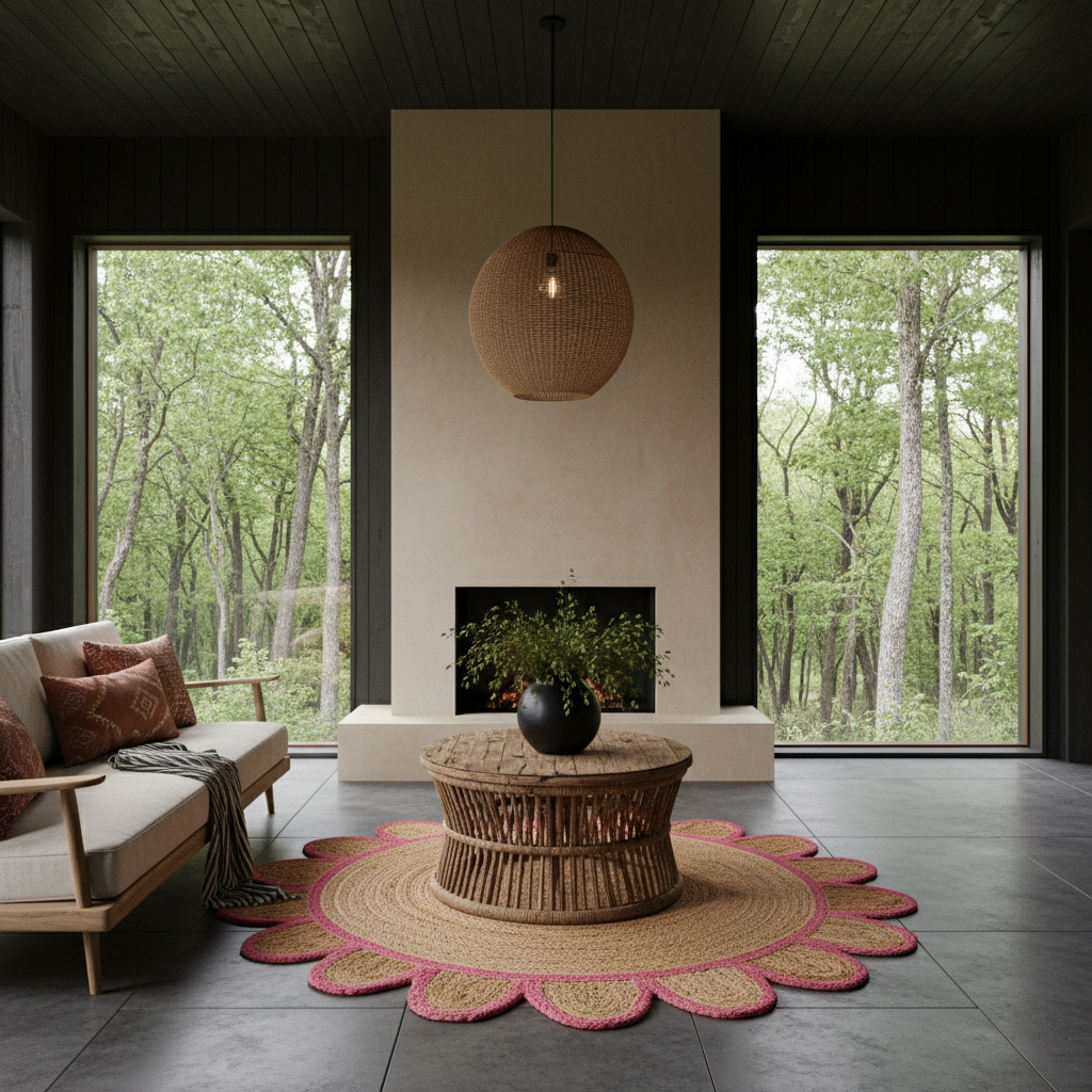 A styled interior living room scene with a round woven rattan pendant light hanging above a low round coffee table on a scalloped jute rug. The room has dark wood walls and ceiling, large windows showing a forest view, a beige sofa with patterned pillows, and a central fireplace opening.
