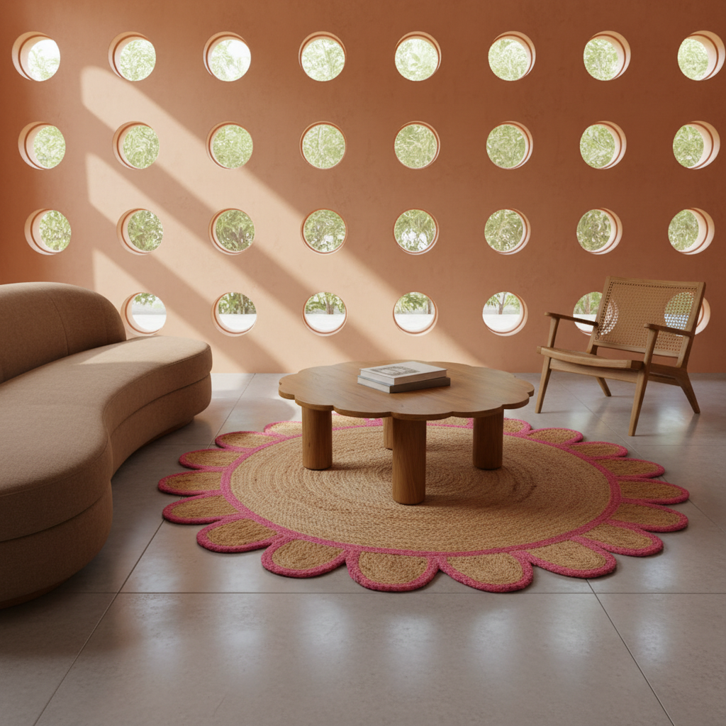 A styled interior scene with a round natural-fiber coffee table on a pink-edged scalloped rug, set in a sunlit room with a curved tan sofa, a wooden chair, and a terracotta wall featuring circular window cutouts.