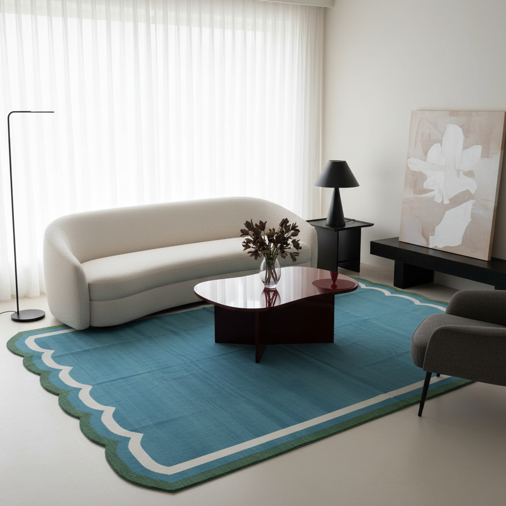 Handmade Reversible Cotton Scalloped Rug - Blue