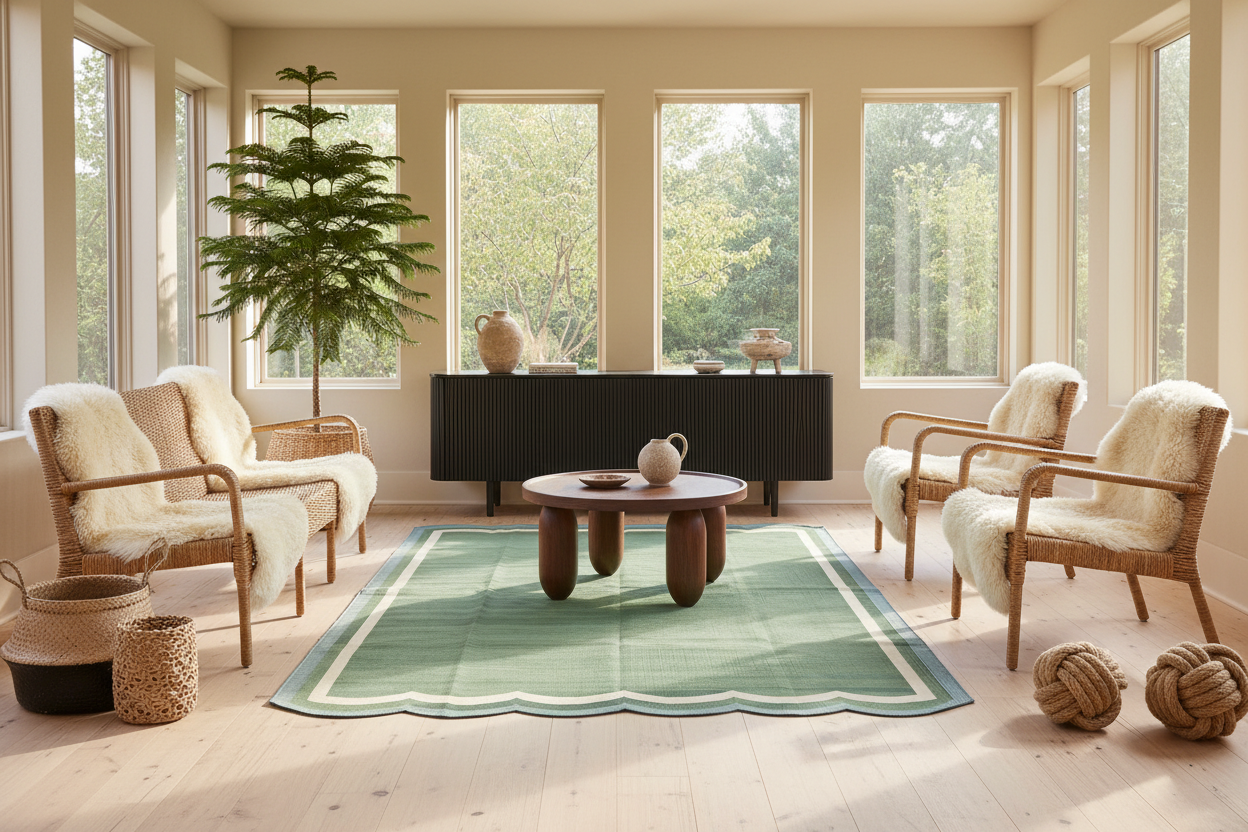 Modern living room with cotton green rug,  natural light, furniture, and decor.