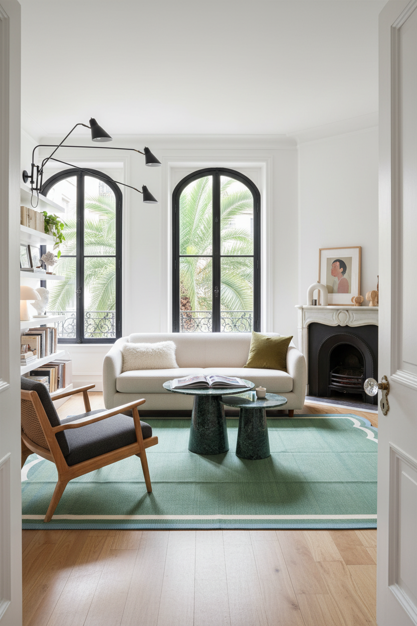 Modern living room with white sofa, cotton rug, wooden armchair, and large windows.