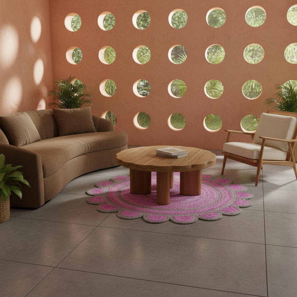 A modern living room scene featuring a round pink and gray scalloped rug under a wooden coffee table, next to a brown curved sofa and a mid-century modern armchair against a terracotta wall with circular cutouts.