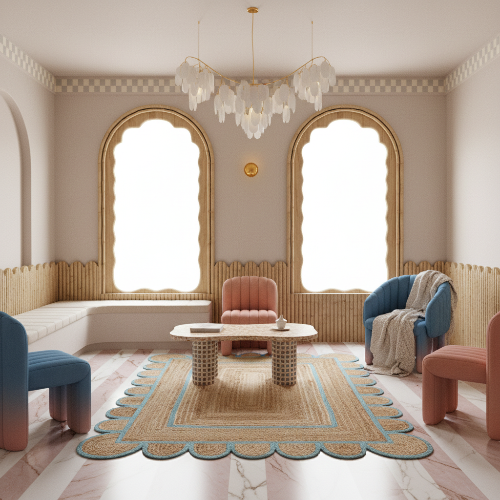 A beautifully styled bohemian living room featuring a central round coffee table on a patterned rug, surrounded by pink and blue armchairs. The room has two large arched windows with scalloped gold frames, a built-in bench, and a modern glass chandelier.