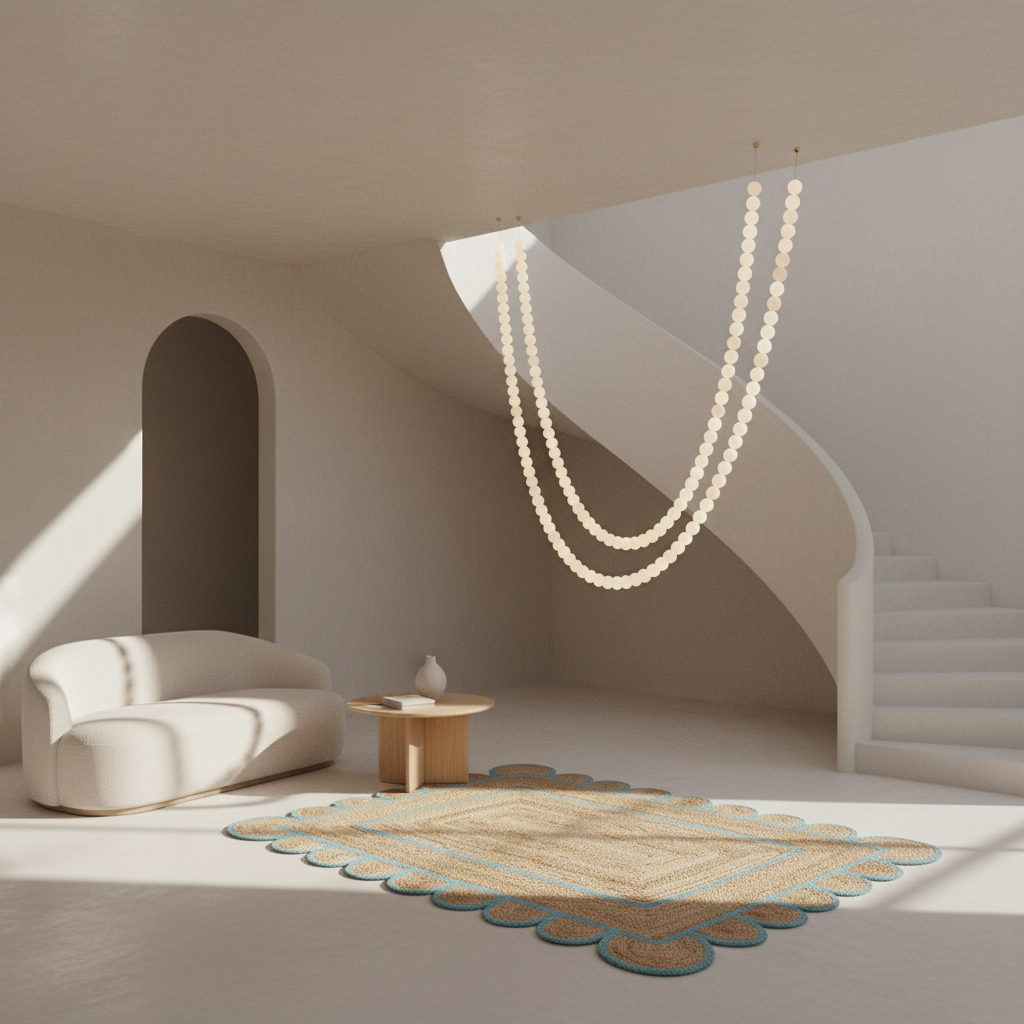 A modern minimalist interior with a cream curved sofa, a scalloped beige rug with blue trim, a small wooden side table, and a large hanging beaded chandelier under a staircase.