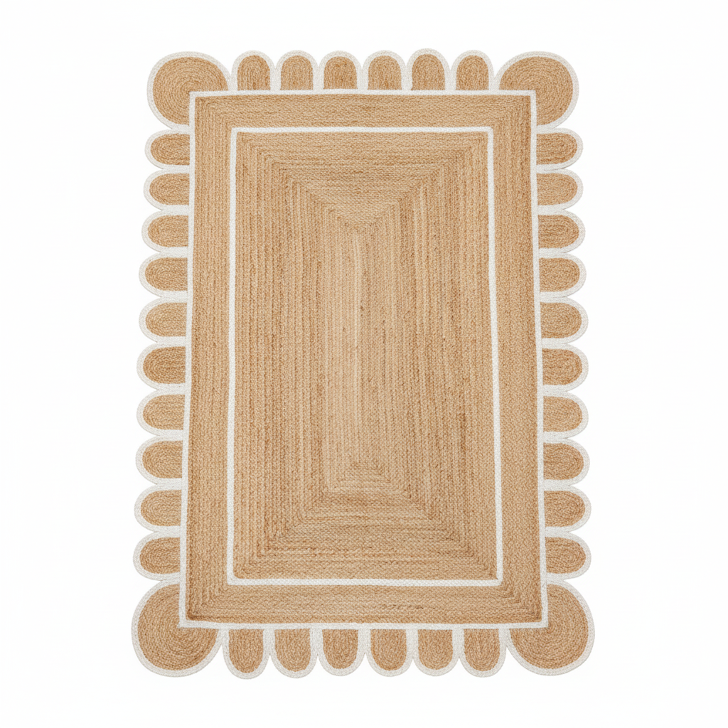 Handmade White Scalloped Jute Rug