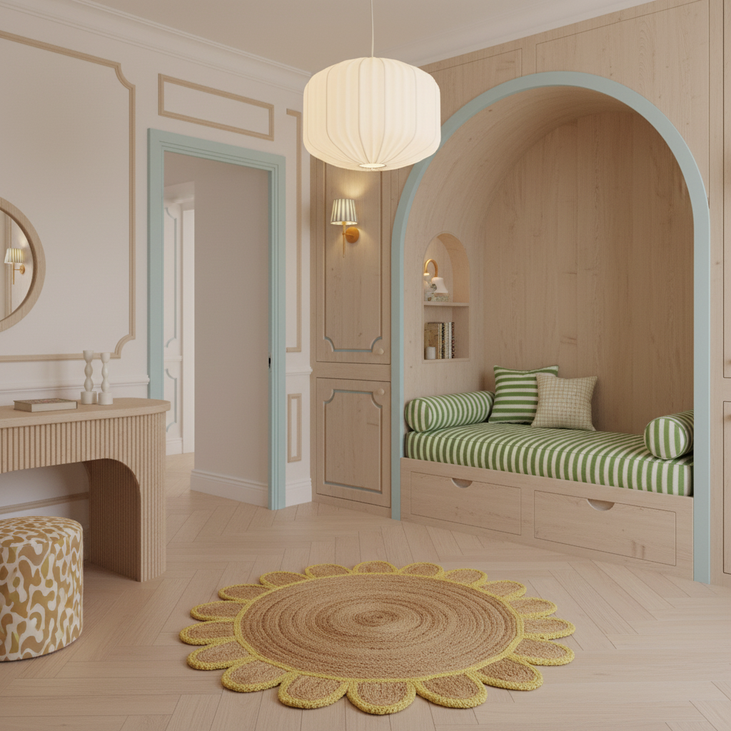 A beautifully styled children's bedroom featuring a light wood daybed with green and white striped cushions inside a large arched alcove, a matching round woven rug, and a white paper lantern hanging from the ceiling.