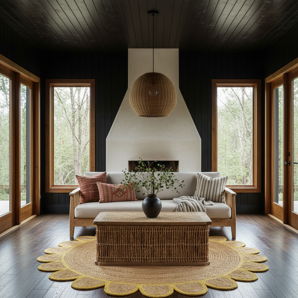A styled living room interior with a light wood sofa, patterned pillows, a round woven coffee table, a yellow scalloped area rug, a large white chimney-style fireplace, dark wood ceiling and walls, and tall windows looking out to trees.