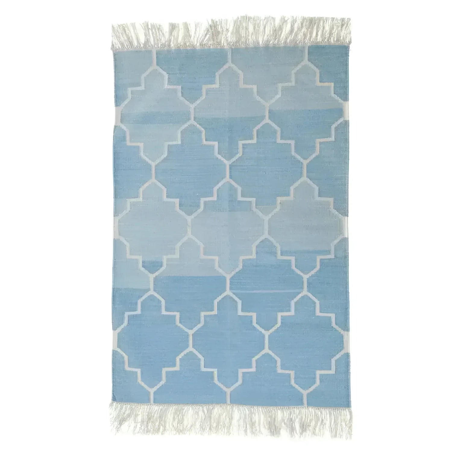 Handwoven Blue and White Moroccan Patterned Cotton Rug with Fringes