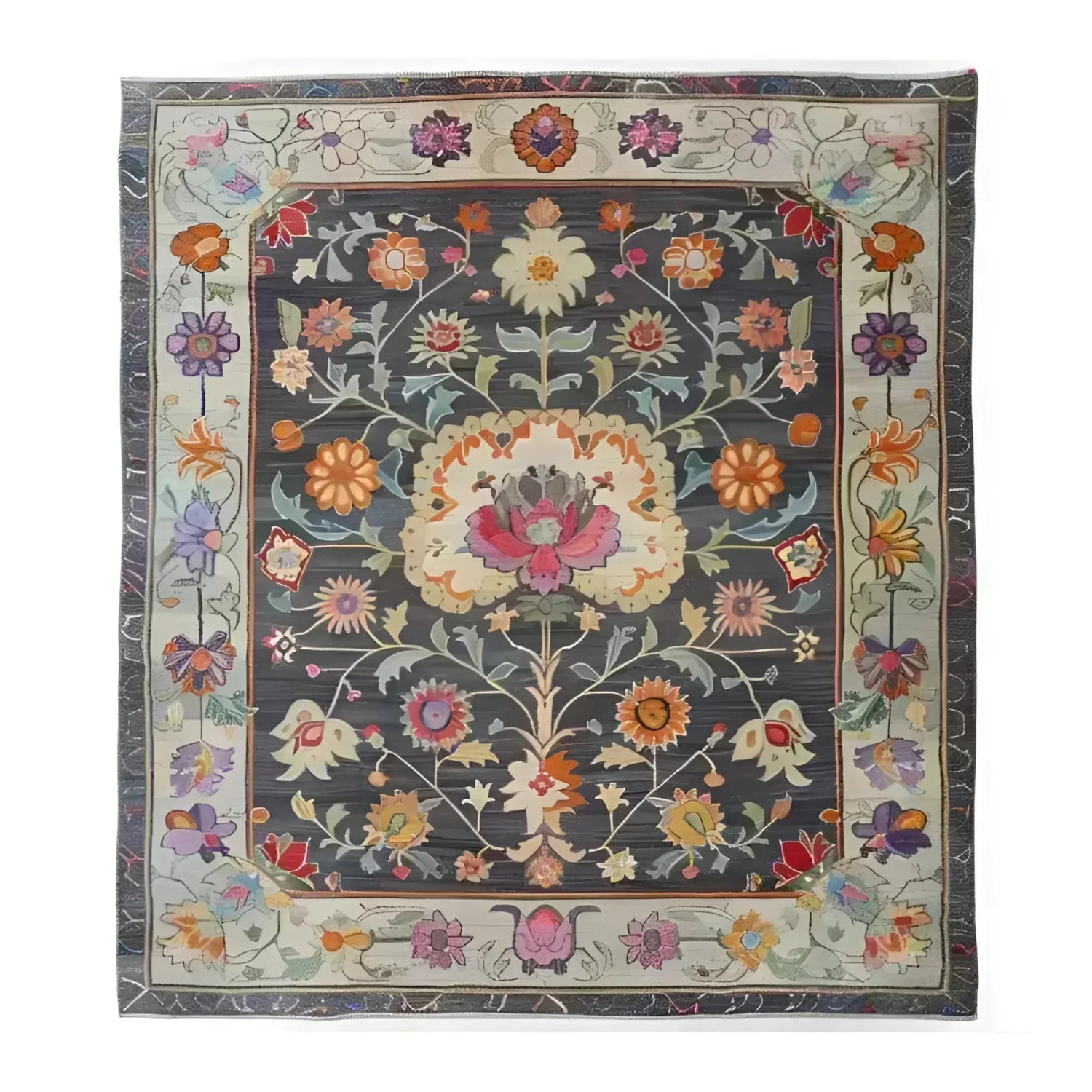 Charming Heirloom Petals Classic Hand Tufted Rug displaying a vintage floral design in rich, colorful tones on a dark background. This large 8x10 area rug is perfect for adding a touch of elegance to any living room. Made from high-quality wool, it's both a floral and vintage rug that enhances the ambiance of your space.