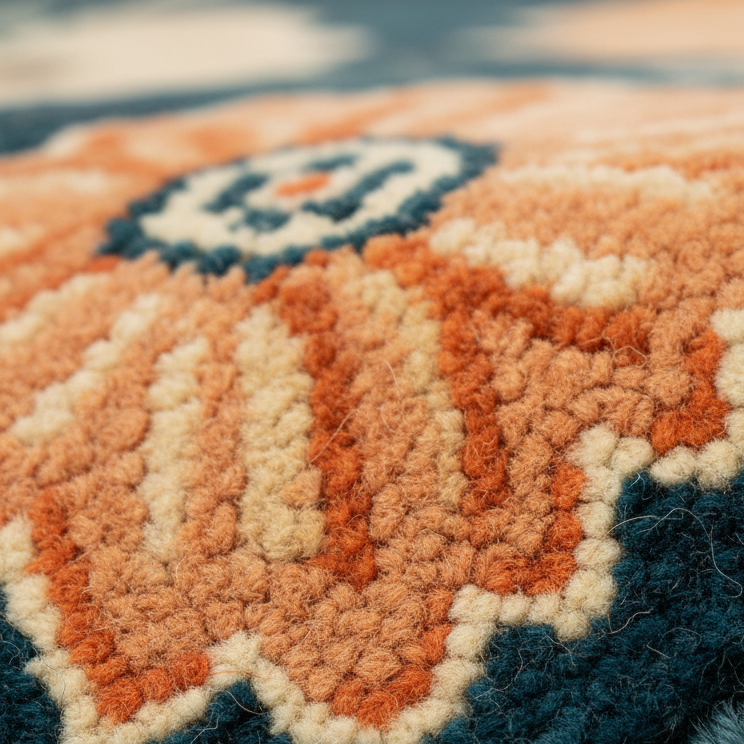 Close-up of a textured woven rug with a geometric pattern in terracotta orange, cream, and dark teal blue.