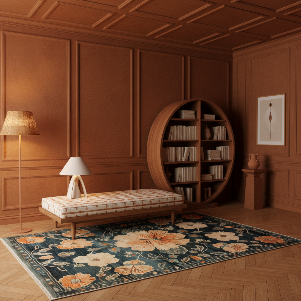 A styled interior scene with warm wood-paneled walls, a round wooden bookshelf filled with books, a cushioned bench, a floor lamp, a table lamp, a framed print, and a large floral area rug on a wood floor.