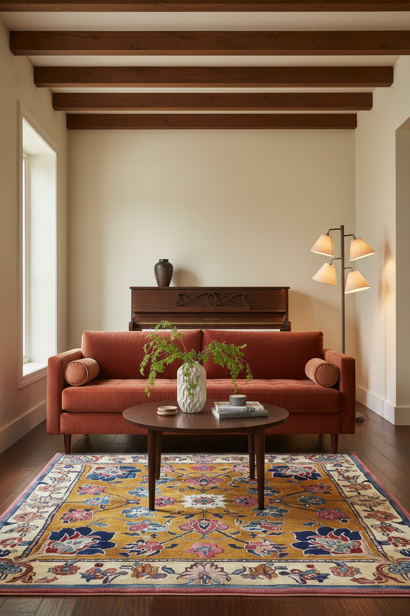 A styled living room featuring a rust-orange sofa, a round dark wood coffee table, a large multi-colored oriental area rug, and a dark wood upright piano against a beige wall with exposed wooden ceiling beams.