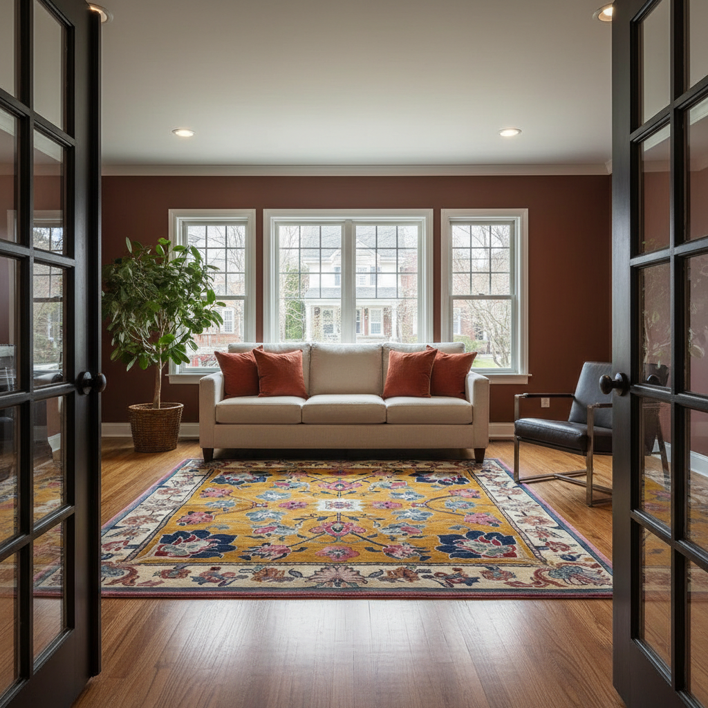A large traditional-style area rug with a yellow, blue, and red pattern is displayed in a beautifully styled living room with hardwood floors, a beige sofa, and dark brown walls, viewed through open black-framed glass doors.