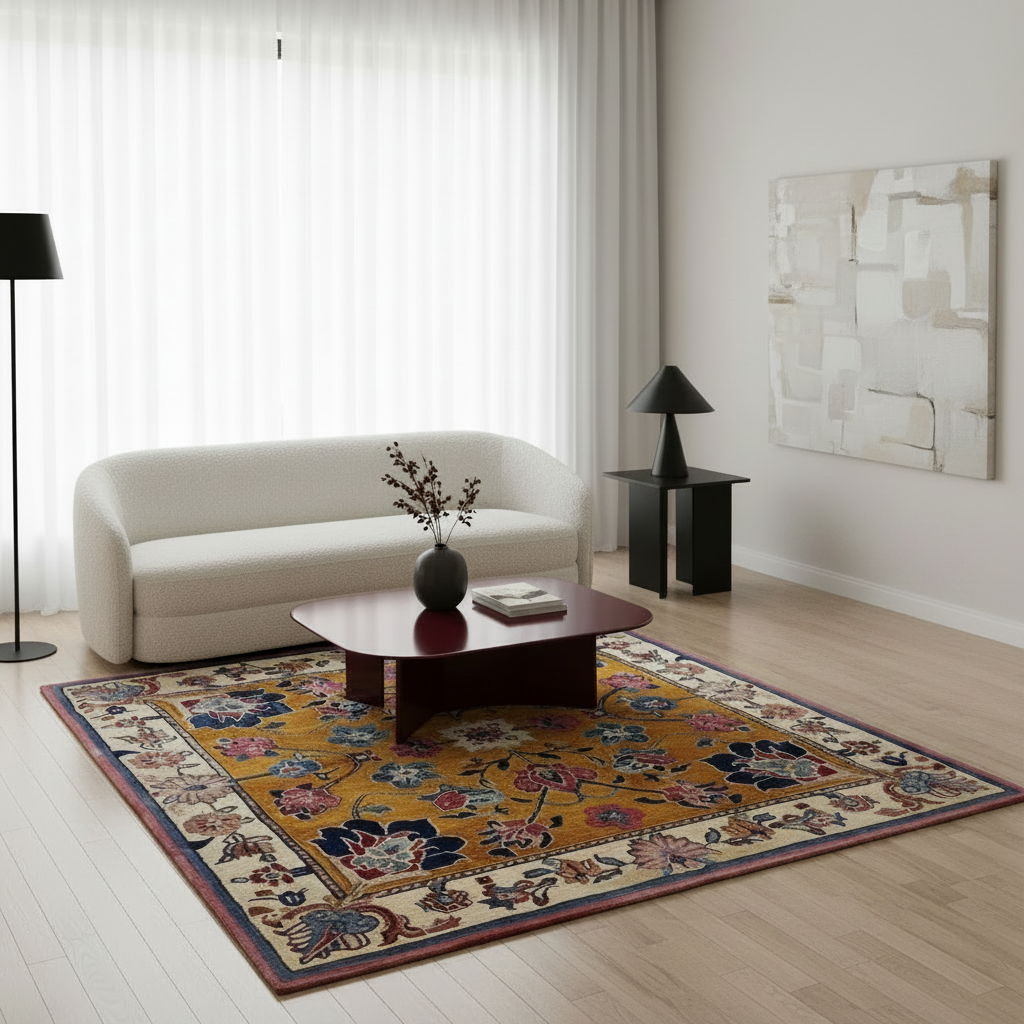 A styled living room scene featuring a large traditional-style area rug with a mustard yellow base and intricate floral patterns in blue, red, and beige. The rug is styled in a modern living room with a cream-colored sofa, a dark wood coffee table, a black floor lamp, and a black side table.