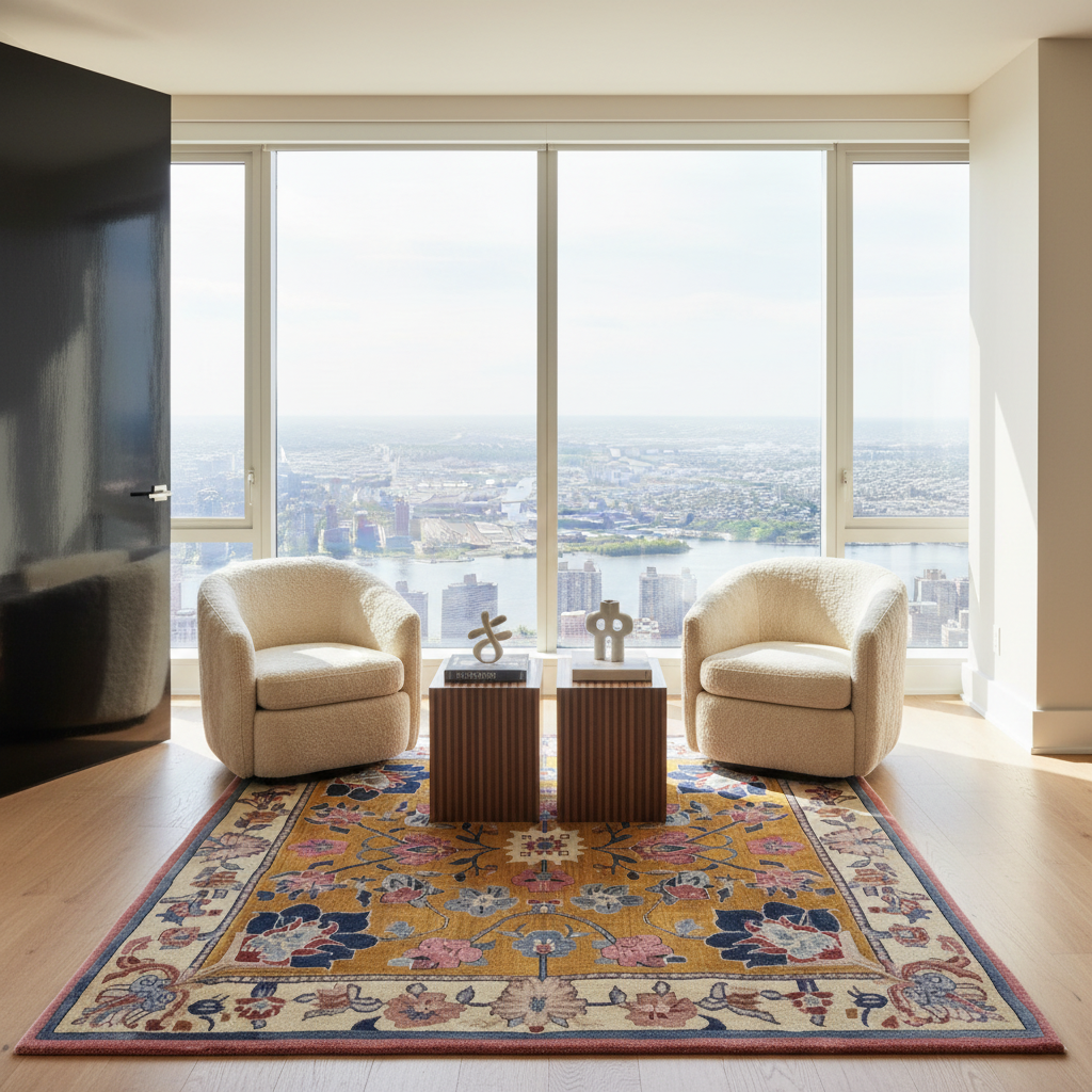A large, ornate traditional-style area rug in warm beige, navy, and gold tones is styled in a modern living room with two cream armchairs and a small wooden coffee table, set against a large window overlooking a city skyline.