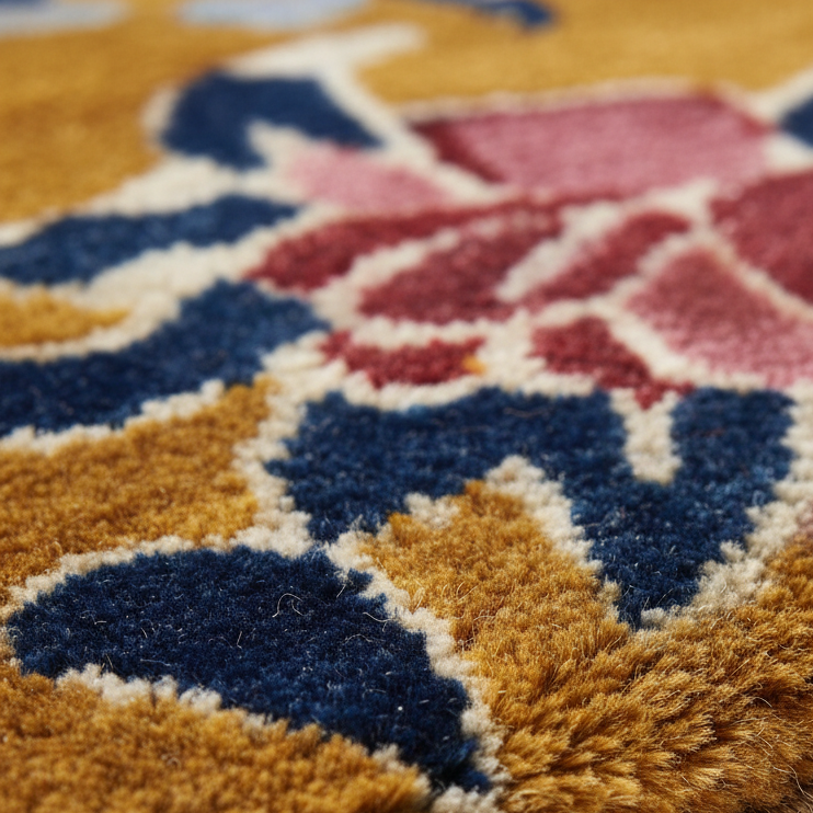 Close-up of a plush patterned rug with mustard yellow, navy blue, pink, and cream sections.