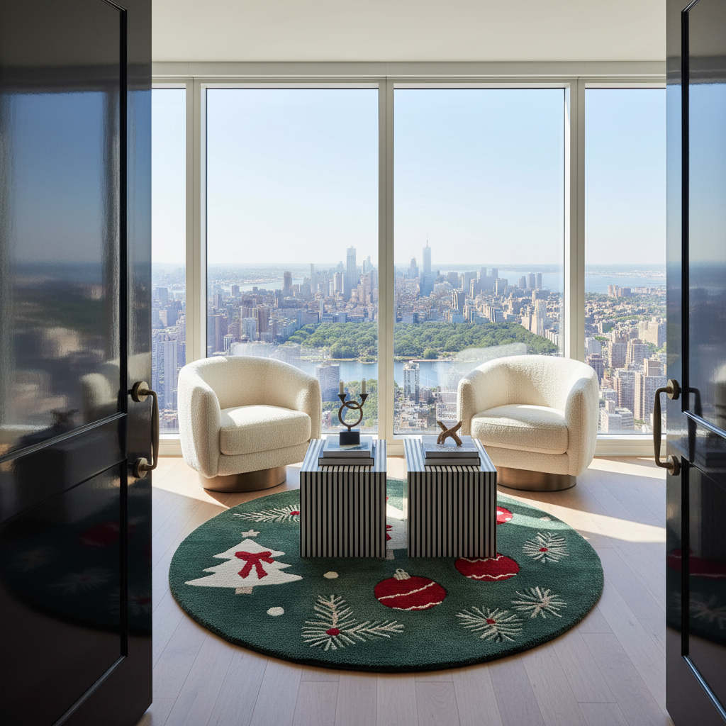 A luxury living room setup with two cream armchairs, striped side tables, and a round green holiday-themed rug, all set against a large window overlooking a city skyline and park.