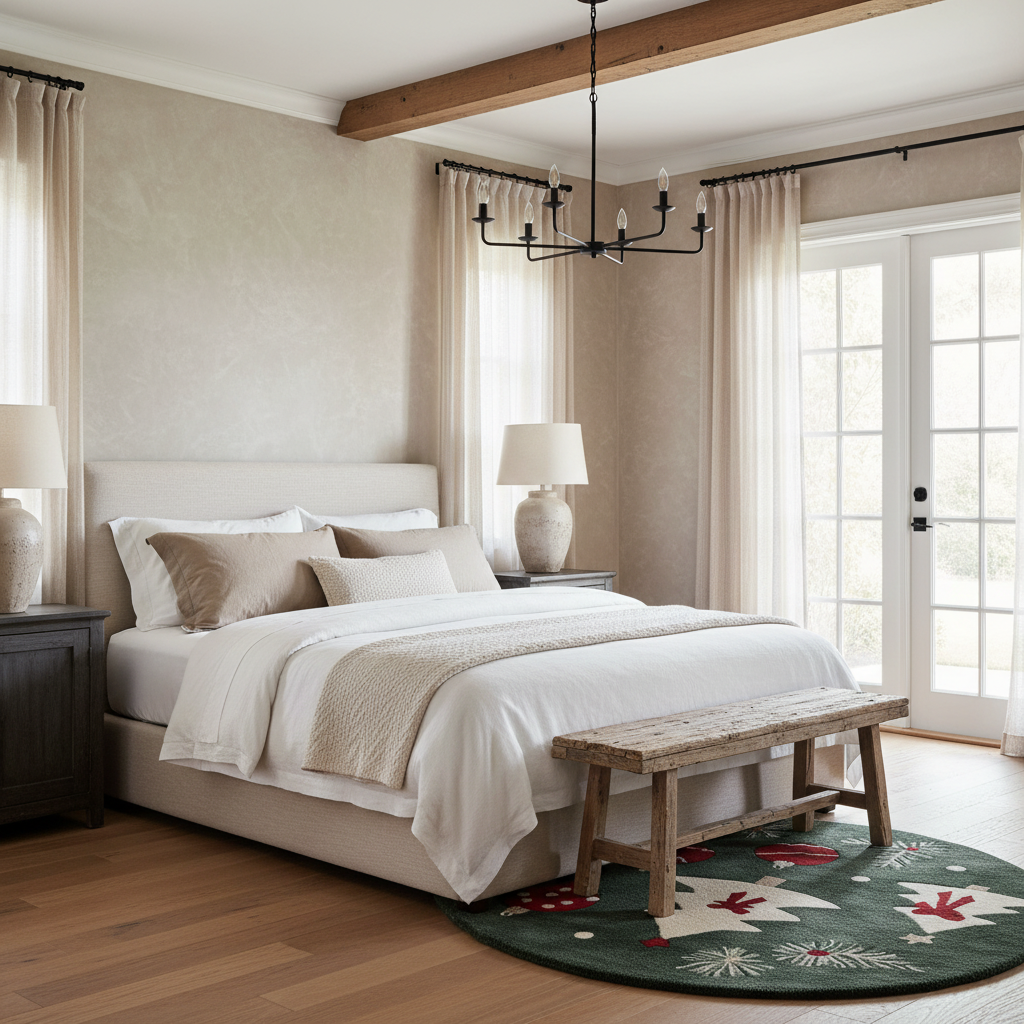 A styled bedroom interior featuring a bed dressed in white and beige linens, flanked by dark wood nightstands with table lamps. A rustic wooden bench sits at the foot of the bed on a green patterned rug, with beige walls, sheer curtains, a black chandelier, and glass French doors in the background.