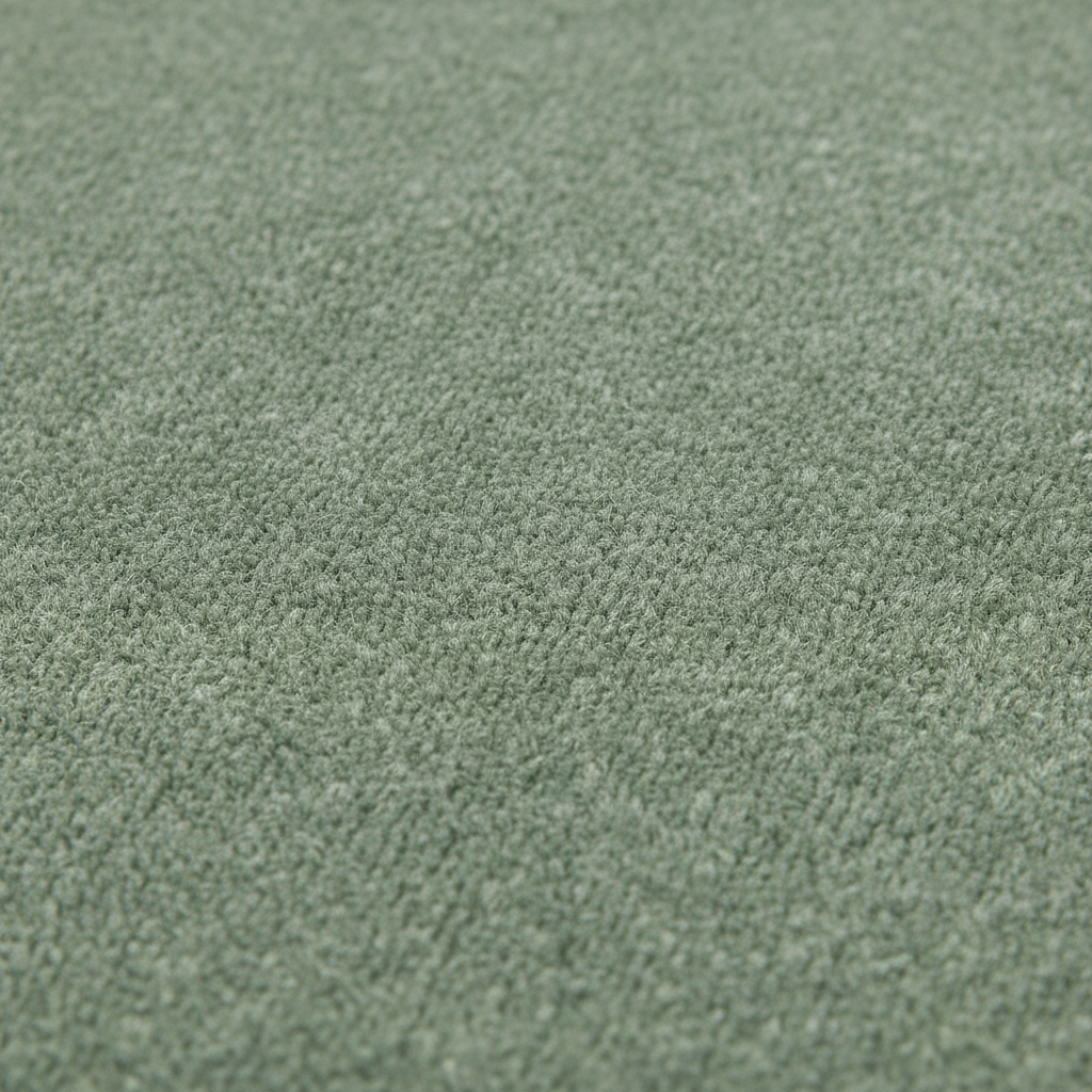 A close-up texture shot of a soft, dense loop-pile carpet in a muted sage green color.