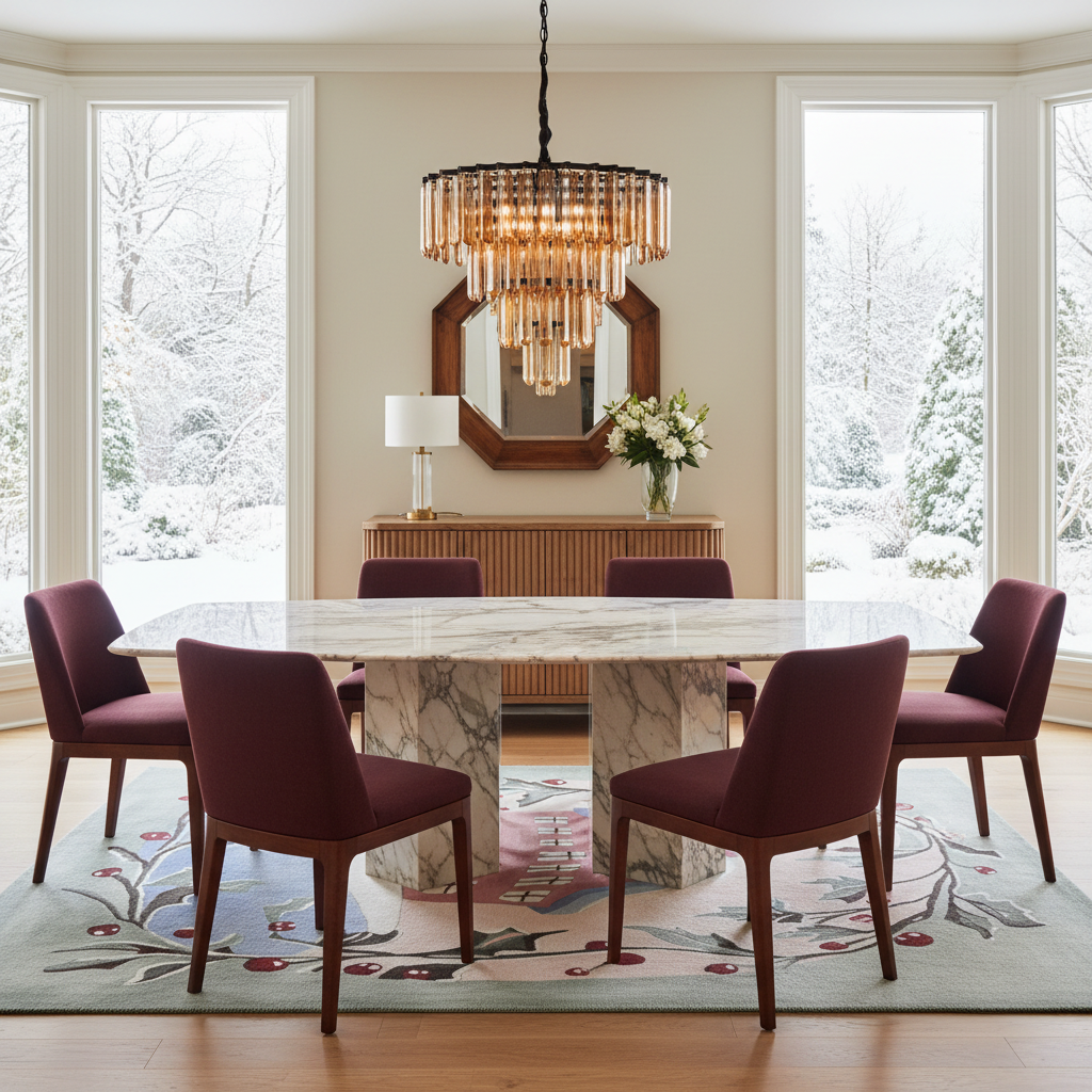 A luxury dining room featuring a rectangular white marble dining table surrounded by six deep burgundy velvet upholstered chairs with dark wood legs. The room is decorated with a large floral area rug, a gold-framed mirror, a crystal chandelier, and a wooden console table in the background, with large windows showing a snowy outdoor scene.