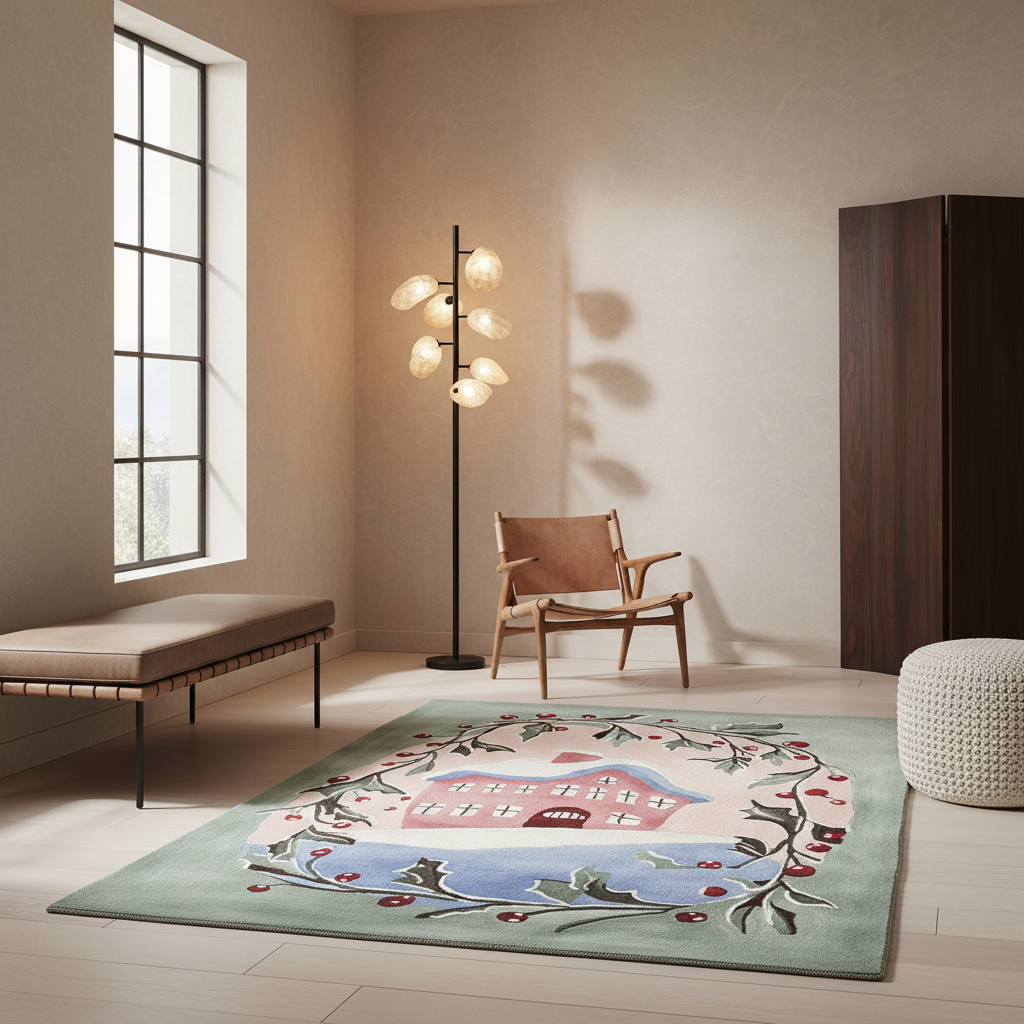 A rectangular area rug with a coastal village scene and sea turtle motif, styled in a modern, warm-toned living room with a wooden chair, floor lamp, bench, and cabinet.