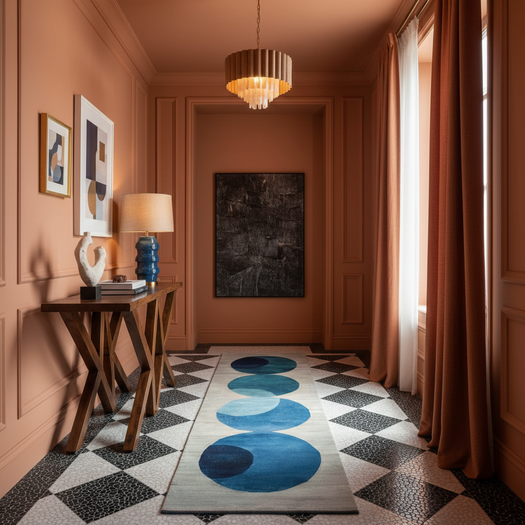 A styled entryway or hallway with terracotta walls, a wooden console table, a blue ceramic table lamp, a hanging ribbed chandelier, a black abstract wall art piece, and a long runner rug with stacked blue circular motifs on a black-and-white patterned floor.