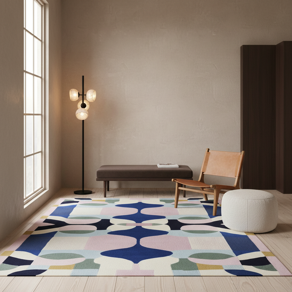 A large area rug with a colorful geometric pattern of blue, navy, pink, beige, and green shapes, styled in a modern living room setting with a wooden chair, white ottoman, and black floor lamp.