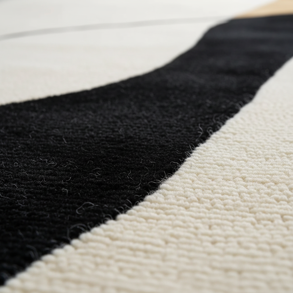 Close-up of a textured area rug with a bold diagonal stripe pattern in black and warm off-white.