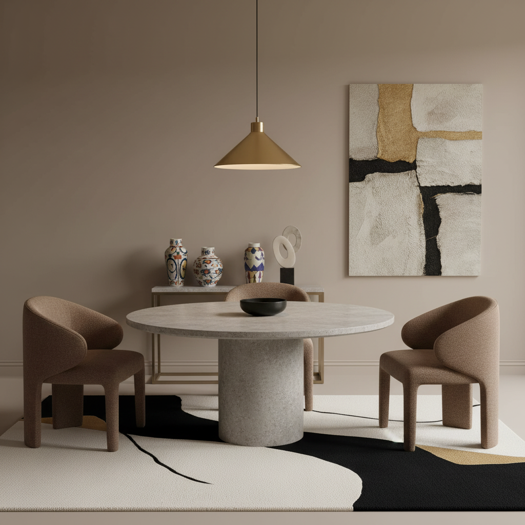 A modern dining room setup featuring a round concrete pedestal table, three upholstered armchairs in taupe, a black bowl centerpiece, and a warm brass pendant light. The furniture is arranged on a black and white abstract-patterned rug against a beige wall with a large abstract canvas print.