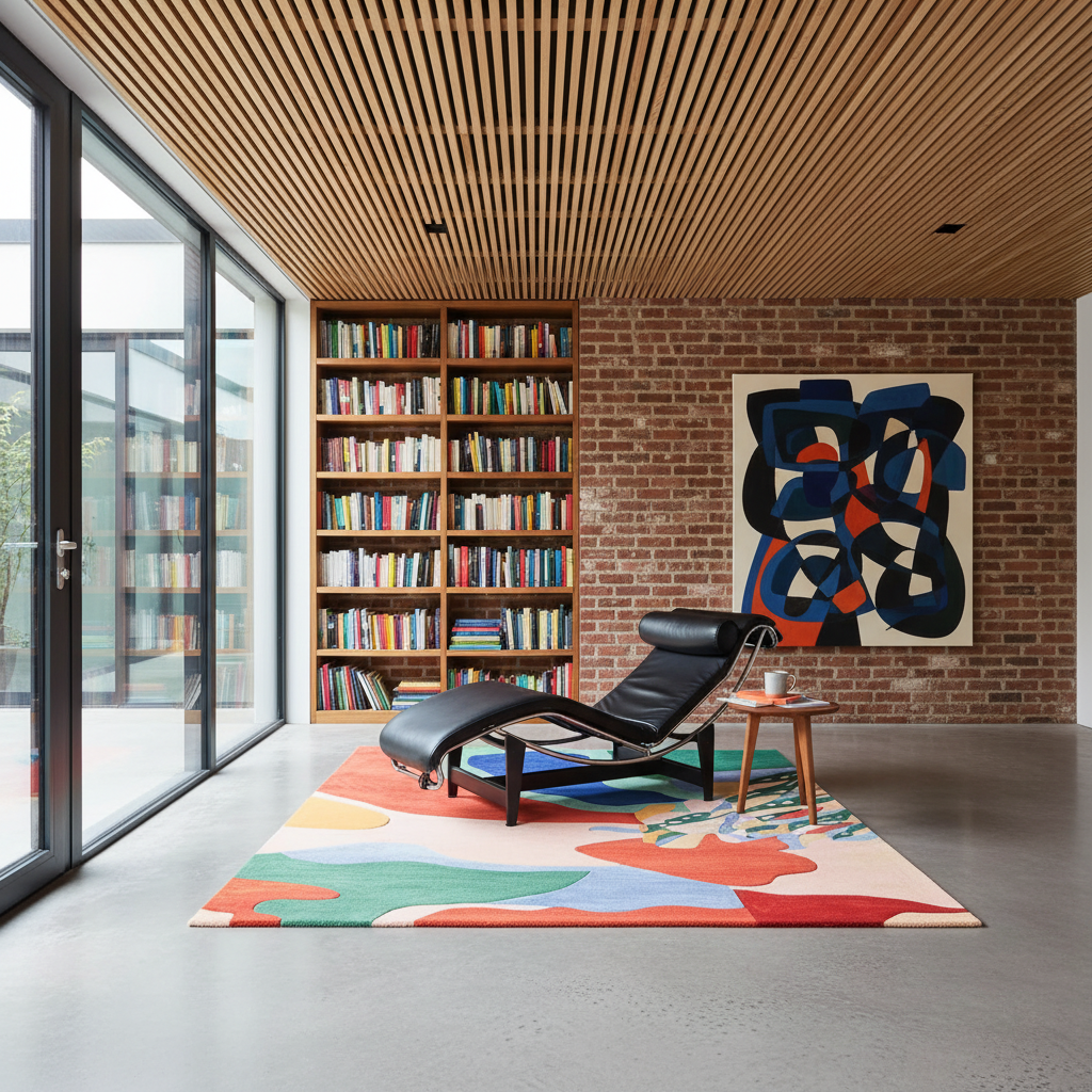 A modern black leather chaise lounge chair sits on a colorful abstract-patterned area rug in a stylishly decorated room with a brick wall, wooden slat ceiling, bookshelves, and a large abstract painting.