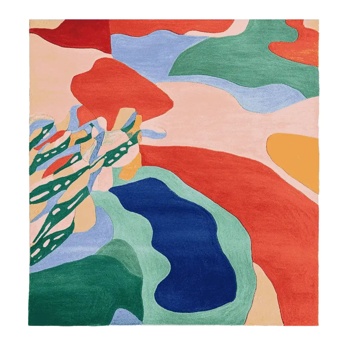 Colorful abstract rug with red, blue, green, and beige patterns on a white background