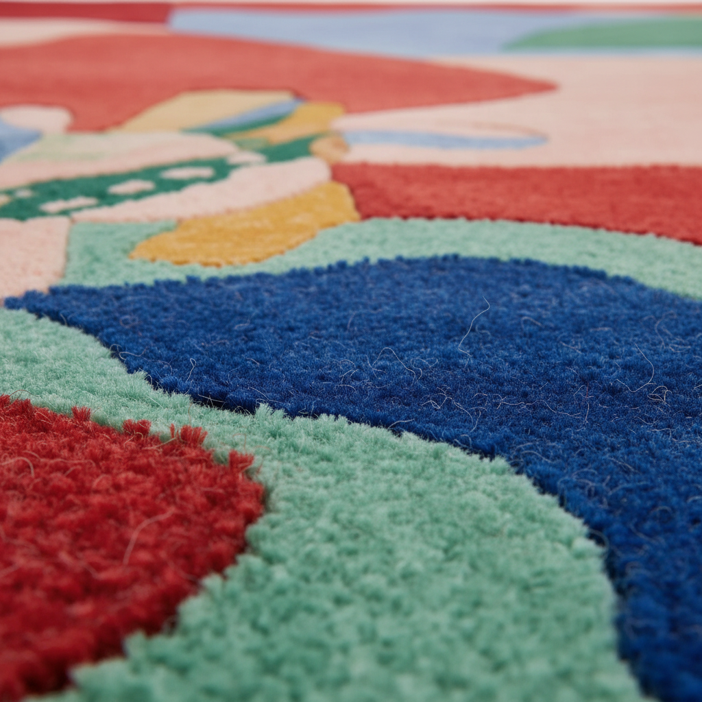 Close-up of a colorful shag rug with abstract curved sections in blue, mint green, red, yellow, and cream, showing the textured pile and shallow depth of field.