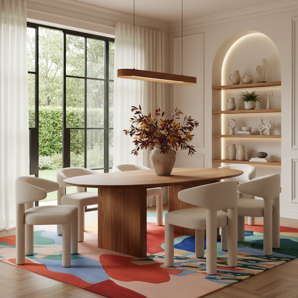A modern dining room scene featuring a round wooden dining table surrounded by six cream-colored upholstered chairs, set on a colorful abstract-patterned rug. The room has warm beige walls, a built-in arched shelf with decorative ceramic vases, and a large window with sheer white curtains.