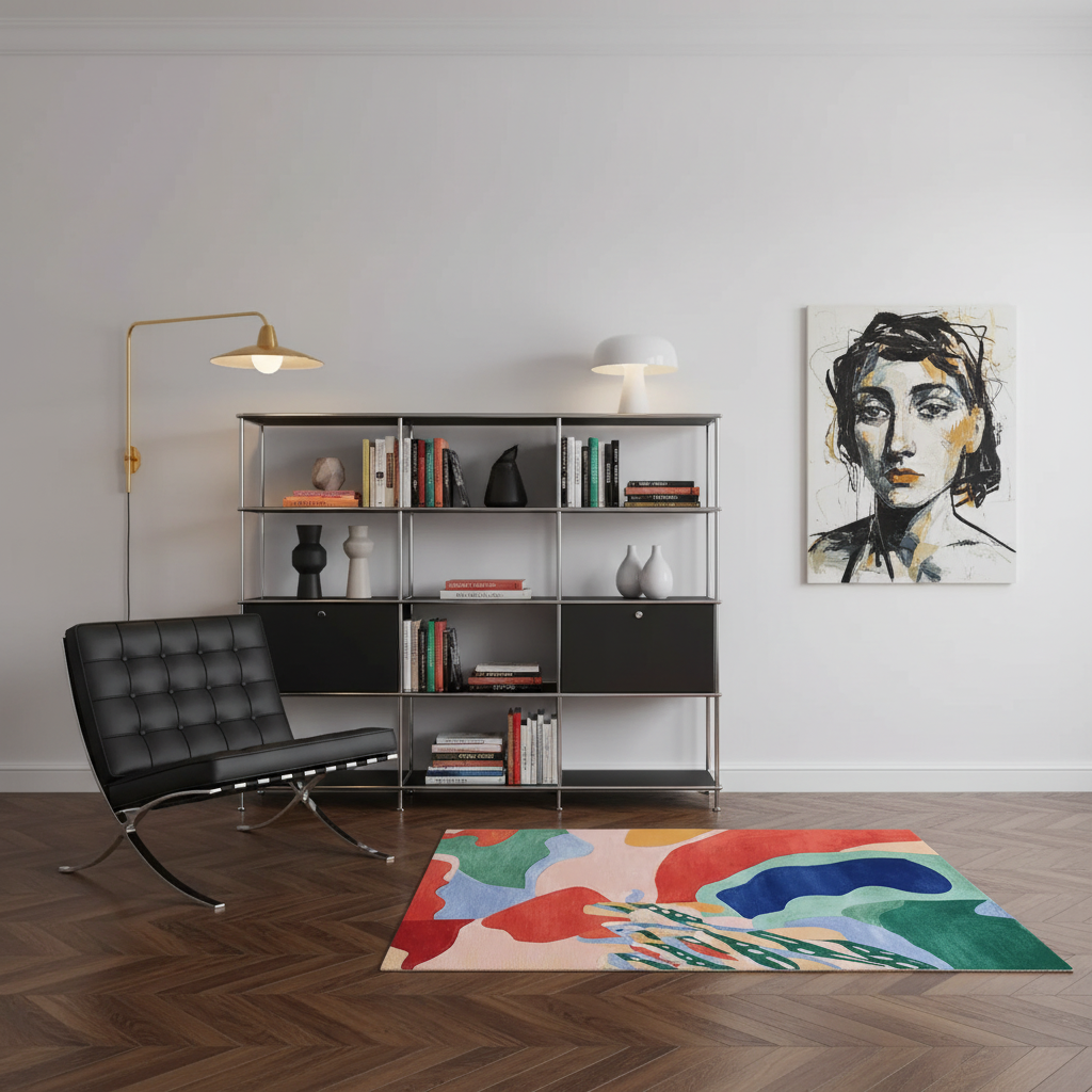 A colorful abstract area rug with vibrant red, blue, green, and yellow shapes on a light beige background, styled in a modern living room setting with a black leather chair, a metal shelving unit, and a framed portrait on the wall.