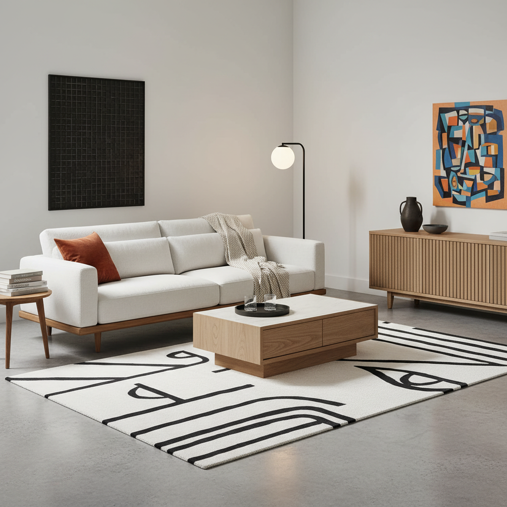 A modern living room scene featuring a white three-seater sofa with a light wood frame, styled with a rust-orange accent pillow, a beige throw blanket, and a black-and-white geometric patterned area rug. A low wooden coffee table sits in front of the sofa on a gray concrete floor, with a black floor lamp, a slatted wood sideboard, and abstract wall art in the background.