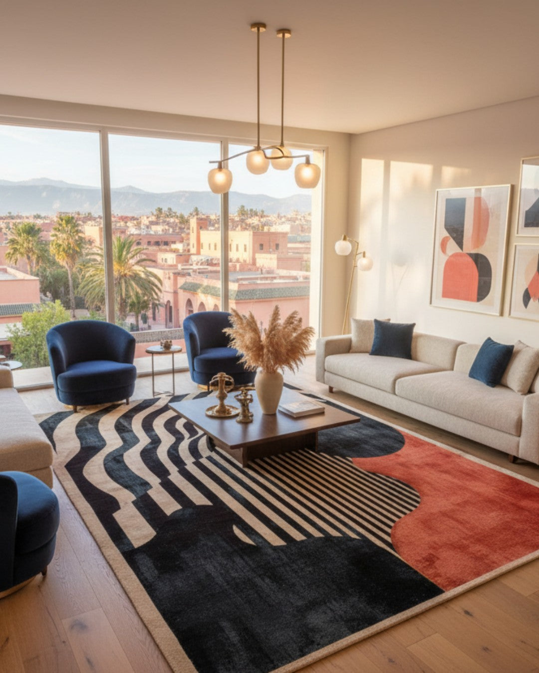 A modern living room with a large abstract area rug in black, cream, and rust orange, styled with a beige sofa, blue armchairs, and a wooden coffee table. Large windows offer a view of a city and mountains.