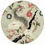Round rug with a dragon and floral design on a light green background